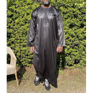 Qamis Long Omani Sans Col - Tissu Glacé Noir - Manche Longue Style Ikaf -Afaq