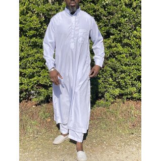 Qamis Qatari à Col - Tissu Satin Blanc - Qamis Long + Pantalon - Afaq