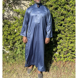 Qamis Long Saoudien De Luxe à Col - Tissu Glacé Bleu Pétrole - Manche Longue Style Haramain ou Daffah -Afaq