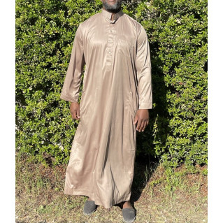 Qamis Long Saoudien De Luxe à Col - Tissu Glacé Beige - Manche Longue Style Haramain ou Daffah -Afaq