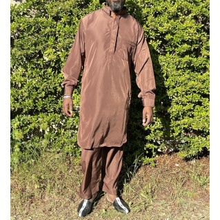 Qamis Pakistanais à Col - Tissu Satin Marron - Qamis Court + Pantalon - Afaq