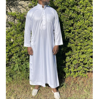 Qamis Long Saoudien de Luxe à Col - Tissu Glacé Blanc - Manche Longue Style Haramain ou Daffah -Afaq