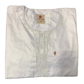 Qamis Pakistanais Afaq - Adolescents Blanc -  Manche Longue + Pantalon - Sans Col - Tissu Glacé - du 36 au 50