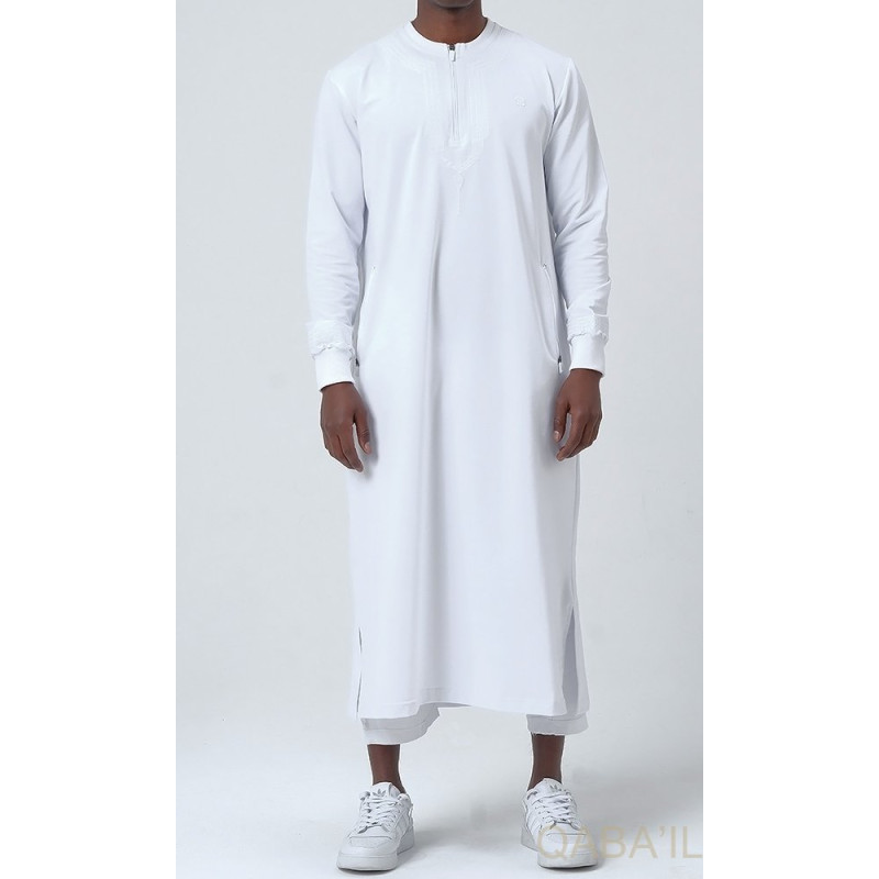 Qamis Long - Blanc et Broderie Blanc - Qaba'il : Sham Qamis Long - Blanc et Broderie Blanc - Qaba'il : Sham