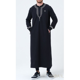 Qamis Long - Bleu Nuit et Broderie Blanc - Qaba'il : Sham