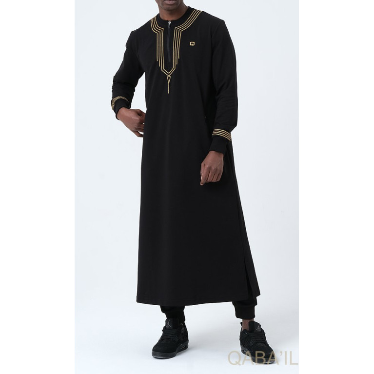 Qamis Long - Noir et Broderie Or - Qaba'il : Sham