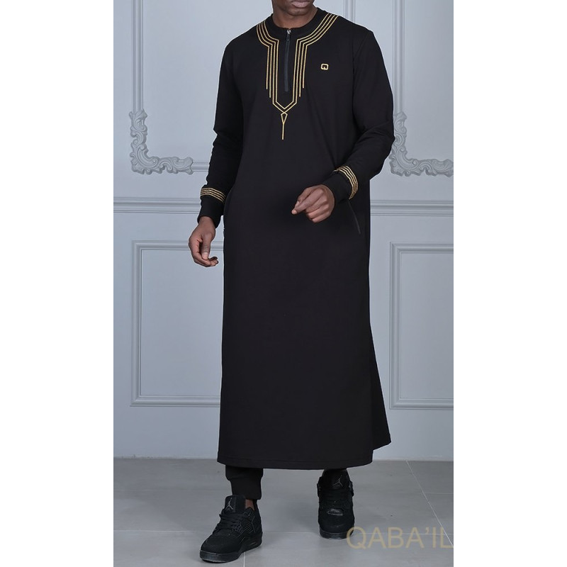 Qamis Long - Noir et Broderie Or - Qaba'il : Sham Qamis Long - Noir et Broderie Or - Qaba'il : Sham