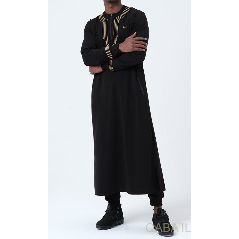 Qamis Long - Noir et Broderie Or - Qaba'il : Sham Qamis Long - Noir et Broderie Or - Qaba'il : Sham
