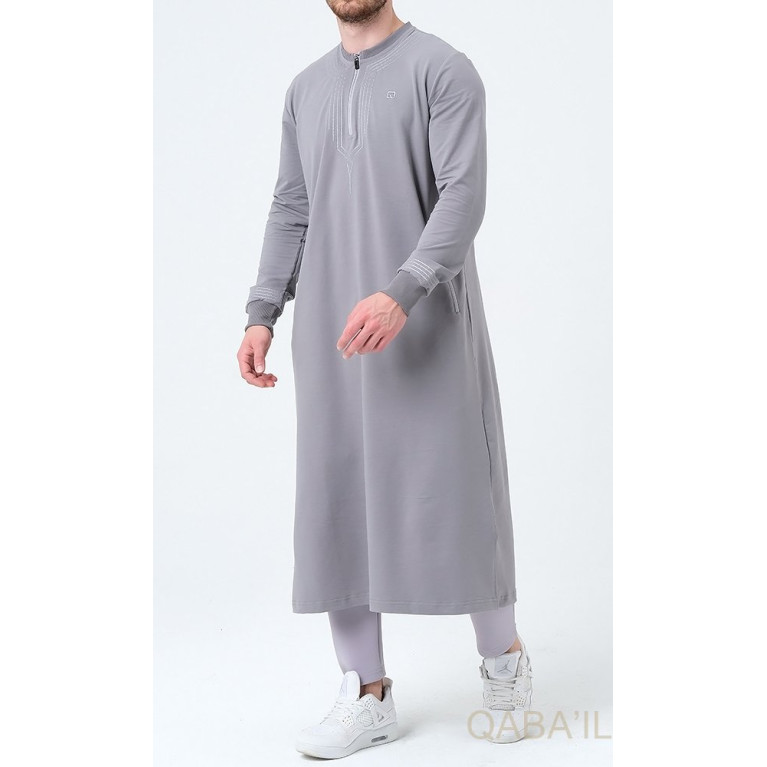 Qamis Long - Gris et Broderie Gris - Qaba'il : Sham