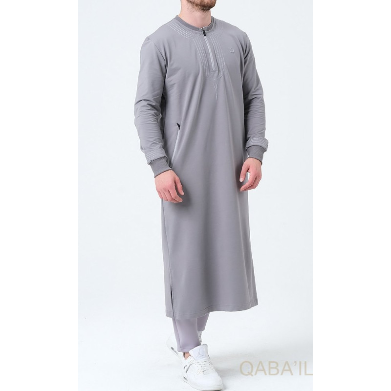 Qamis Long - Gris et Broderie Gris - Qaba'il : Sham Qamis Long - Gris et Broderie Gris - Qaba'il : Sham
