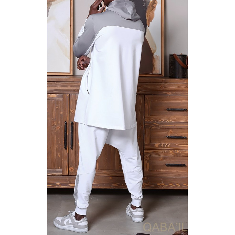 Ensemble Qamis Court + Sarouel - Blanc et Gris - Qaba'il : Delta