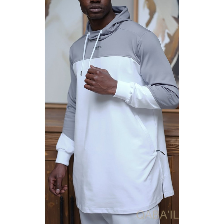 Ensemble Qamis Court + Sarouel - Blanc et Gris - Qaba'il : Delta