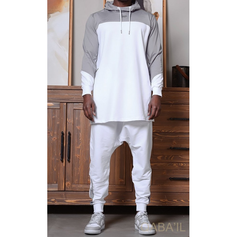 Ensemble Qamis Court + Sarouel - Blanc et Gris - Qaba'il : Delta