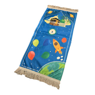 Tapis de Prière Bleu - Kids - Univers avec Kaaba et Masjib Nabawi - 42 x 87 cm