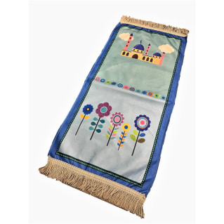 Tapis de Prière Bleu - Kids - Masjid avec Champs de Fleurs de Bonnes Actions - 42 x 87 cm
