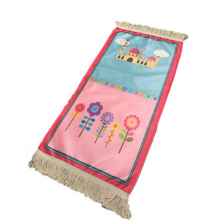 Tapis de Prière Rose - Kids - Masjid avec Champs de Fleurs de Bonnes Actions - 42 x 87 cm