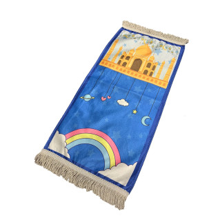 Tapis de Prière Bleu - Kids - Masjid avec Arc en Ciel - 42 x 87 cm