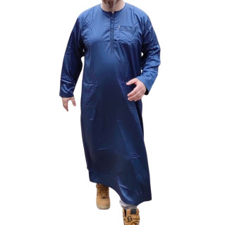 Qamis Long Omani Sans Col - Tissu Glacé Noir - Manche Longue Style Ikaf -Afaq