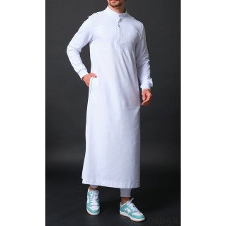 Qamis Long - Blanc et Broderie Vert - Qaba'il : Subtil