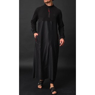 Qamis Long - Noir et Broderie Rouge - Qaba'il : Subtil