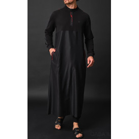 Qamis Long - Noir et Broderie Rouge - Qaba'il : Subtil