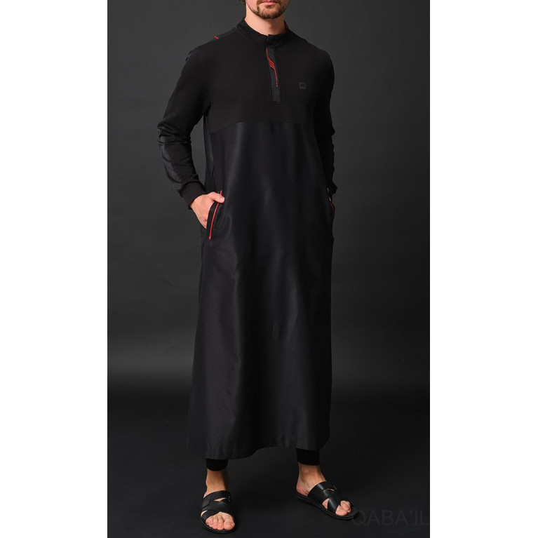 Qamis Long - Noir et Broderie Rouge - Qaba'il : Subtil