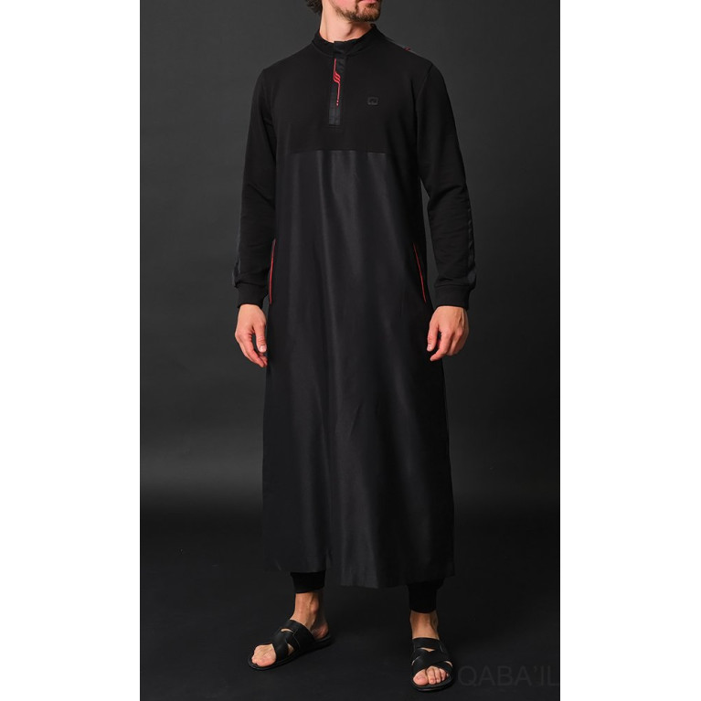 Qamis Long - Noir et Broderie Rouge - Qaba'il : Subtil