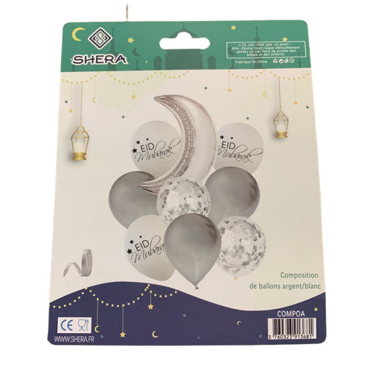 Fête de l'EID MUBARAK : 1 Lune Argenté + 3 Ballons Argenté, 3 Blanc Eid Mubaraket 2 Ballons Transparents avec Paillettes Argen