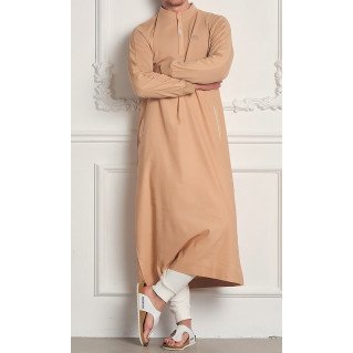 Qamis Long - Beige et Broderie Blanc - Qaba'il : Subtil