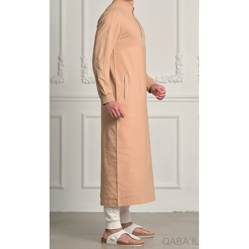 Qamis Long - Beige et Broderie Blanc - Qaba'il : Subtil