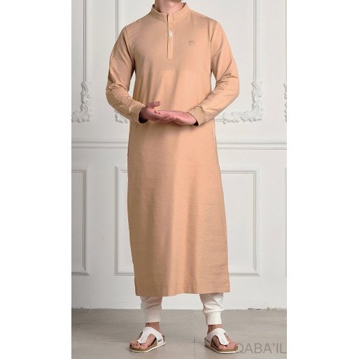 Qamis Long - Beige et Broderie Blanc - Qaba'il : Subtil