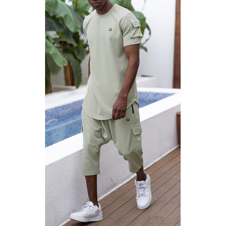 Sarouel Cargo et T-shirt Sniper Manche Courte Vert Clair, Ensemble Qaba'il : IGO