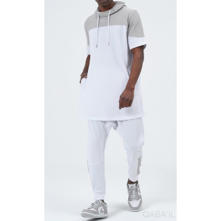 Ensemble Qamis Manche Court + Sarouel - Blanc et Gris Clair - Qaba'il : Delta Light