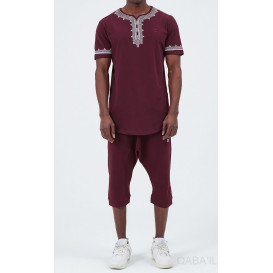 Ensemble Etniz - T-Shirt et Saroual - Bordeaux et Broderie Blanche - Qaba'il S23 : Manches Courtes et Pantacourt