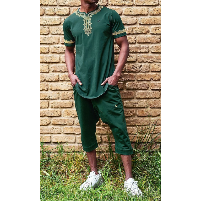 Ensemble Etniz - T-Shirt et Saroual - Vert Bouteille et Broderie Doré - Qaba'il S23 : Manches Courtes et Pantacourt