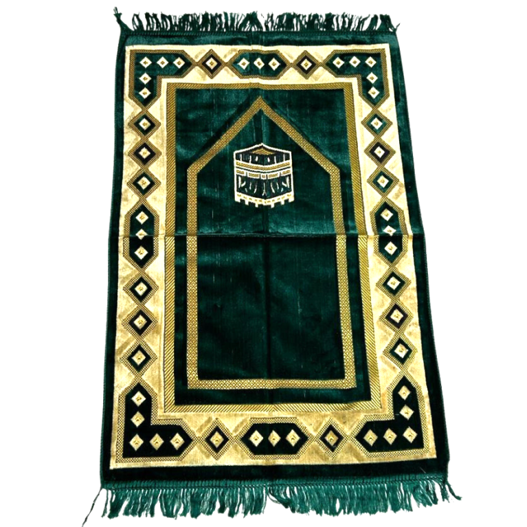 Grand tapis de prière luxe épais de couleur vert clair avec motifs discrets  indiquant la direction de La Mecque