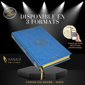 Le Noble Coran de Luxe en Arabe Hafs - Récitation Maher Maaqli en QR Code - Bleu Pastel - 3 Formats - Editions Sanadi