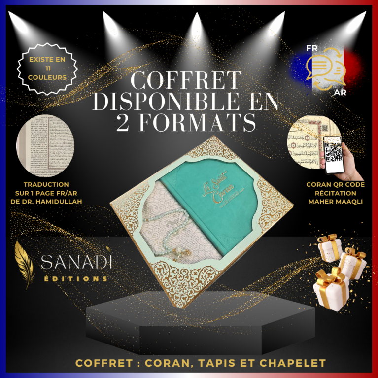 Coffret Coran de Luxe : Coran Fr/Ar, Tapis et Chapelet - Arabe Hafs - QR Code Inclus - Turquoise - 2 Formats - Editions Sanadi