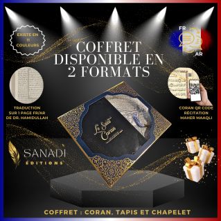 Coffret Coran de Luxe : Coran Fr/Ar, Tapis et Chapelet - Arabe Hafs - QR Code Inclus - Bleu Nuit - 2 Formats - Editions Sanadi