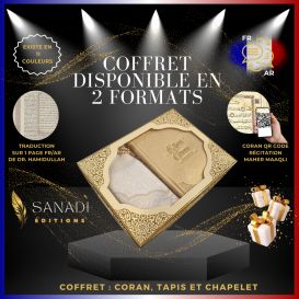Coffret Coran de Luxe : Coran Fr/Ar, Tapis et Chapelet - Arabe Hafs - QR Code Inclus - Doré - 2 Formats - Editions Sanadi