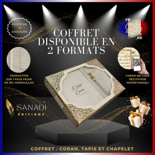 Coffret Coran de Luxe : Coran Fr/Ar, Tapis et Chapelet - Arabe Hafs - QR Code Inclus - Blanc - 2 Formats - Editions Sanadi