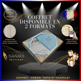 Coffret Coran de Luxe : Coran Fr/Ar, Tapis et Chapelet - Arabe Hafs - QR Code Inclus - Bleu Ciel - 2 Formats - Editions Sanadi
