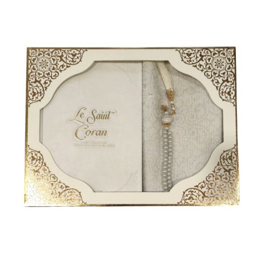 Coffret Coran de Luxe : Coran Fr/Ar, Tapis et Chapelet - Arabe Hafs - QR Code Inclus - Blanc - 2 Formats - Editions Sanadi