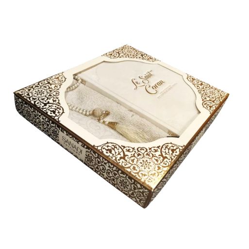 Coffret Coran de Luxe : Coran Fr/Ar, Tapis et Chapelet - Arabe Hafs - QR Code Inclus - Blanc - 2 Formats - Editions Sanadi