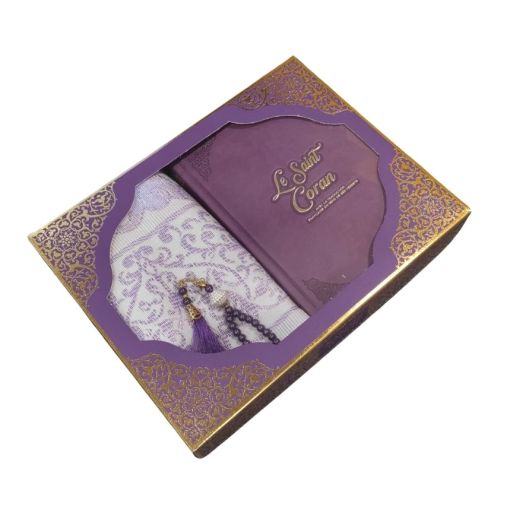 Coffret Coran de Luxe : Coran Fr/Ar, Tapis et Chapelet - Arabe Hafs - QR Code Inclus - Violet - 2 Formats - Editions Sanadi