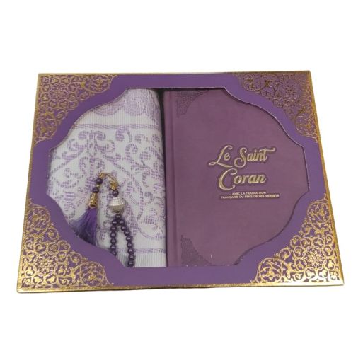 Coffret Coran de Luxe : Coran Fr/Ar, Tapis et Chapelet - Arabe Hafs - QR Code Inclus - Violet - 2 Formats - Editions Sanadi