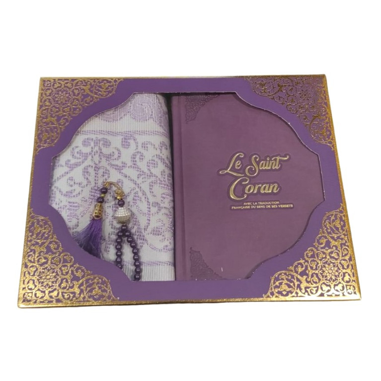 Coffret Coran de Luxe : Coran Fr/Ar, Tapis et Chapelet - Arabe Hafs - QR Code Inclus - Violet - 2 Formats - Editions Sanadi