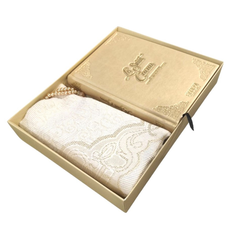 Coffret Coran de Luxe : Coran Fr/Ar, Tapis et Chapelet - Arabe Hafs - QR Code Inclus - Doré - 2 Formats - Editions Sanadi