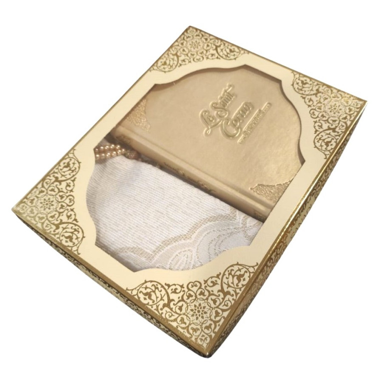 Coffret Coran de Luxe : Coran Fr/Ar, Tapis et Chapelet - Arabe Hafs - QR Code Inclus - Doré - 2 Formats - Editions Sanadi