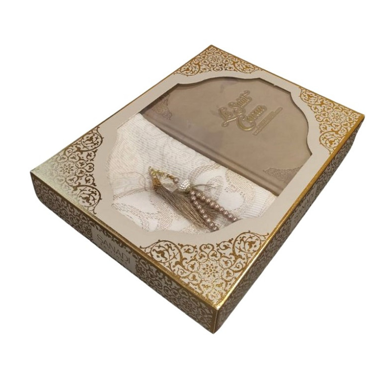 Coffret Coran de Luxe : Coran Fr/Ar, Tapis et Chapelet - Arabe Hafs - QR Code Inclus - Taupe - 2 Formats - Editions Sanadi